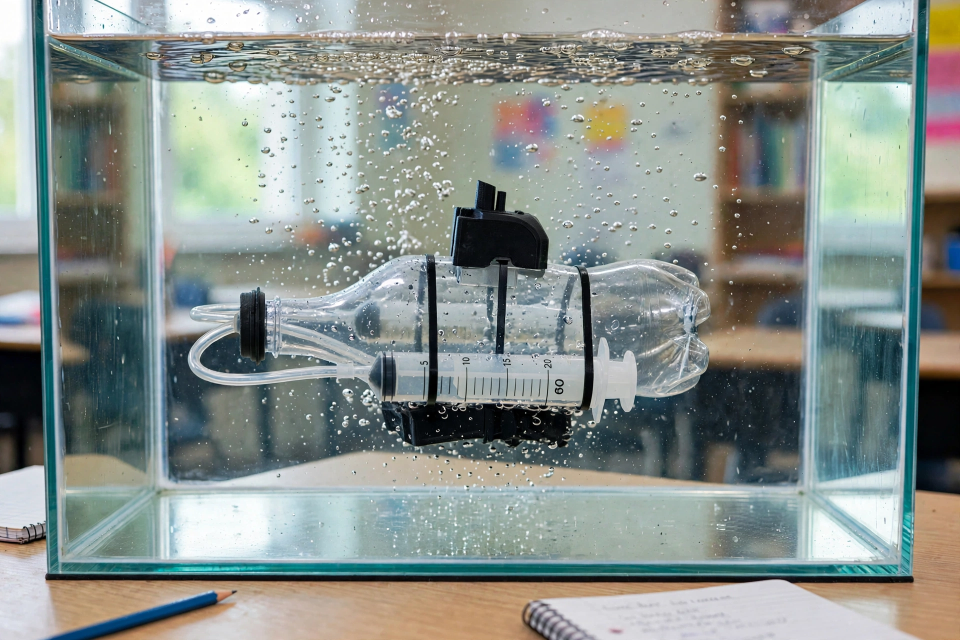 Mini submarino feito com garrafa plástica em um aquário